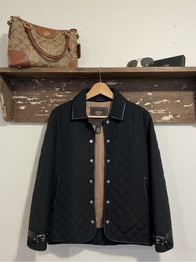 Coach Black Nylon Quilted Signature Snap, Leather Trim Jacket   
Women’s Sz Sm
